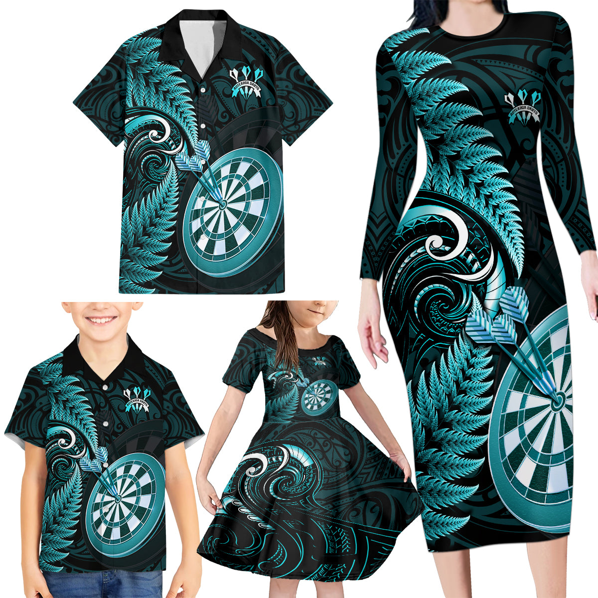 Personalised New Zealand Darts Family Matching Long Sleeve Bodycon Dress and Hawaiian Shirt Happiness Is A Tight Threesome Maori Turquoise LT14 - Polynesian Pride
