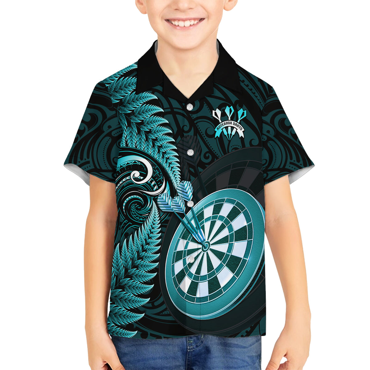 Personalised New Zealand Darts Family Matching Long Sleeve Bodycon Dress and Hawaiian Shirt Happiness Is A Tight Threesome Maori Turquoise LT14 Son's Shirt Turquoise - Polynesian Pride