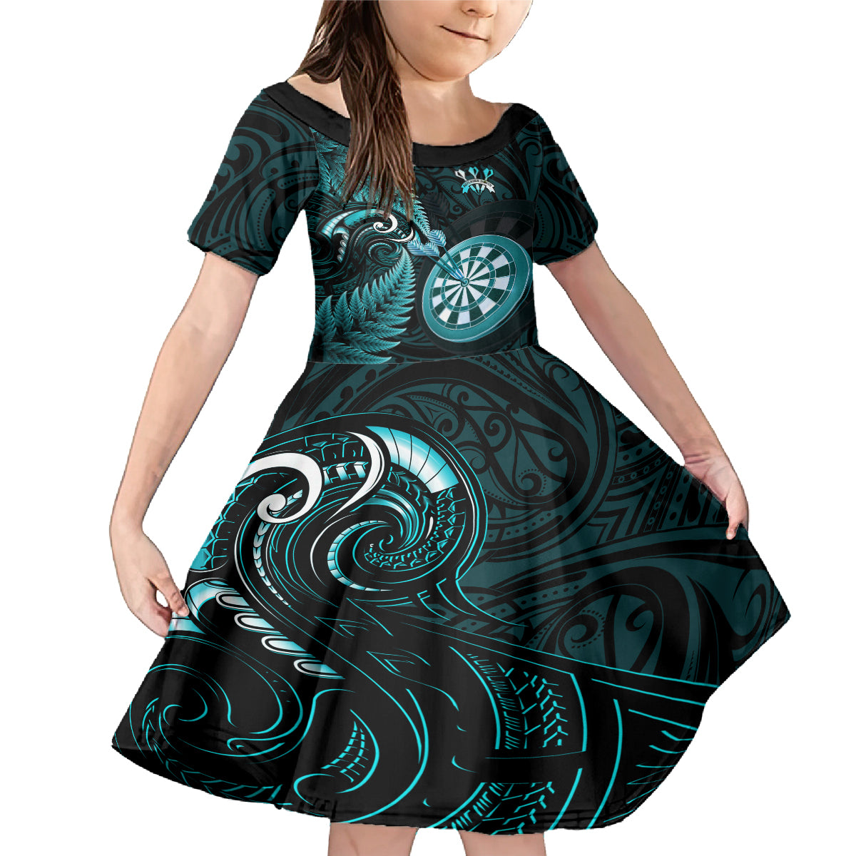 Personalised New Zealand Darts Family Matching Mermaid Dress and Hawaiian Shirt Happiness Is A Tight Threesome Maori Turquoise LT14 Daughter's Dress Turquoise - Polynesian Pride