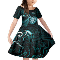 Personalised New Zealand Darts Family Matching Mermaid Dress and Hawaiian Shirt Happiness Is A Tight Threesome Maori Turquoise LT14 Daughter's Dress Turquoise - Polynesian Pride