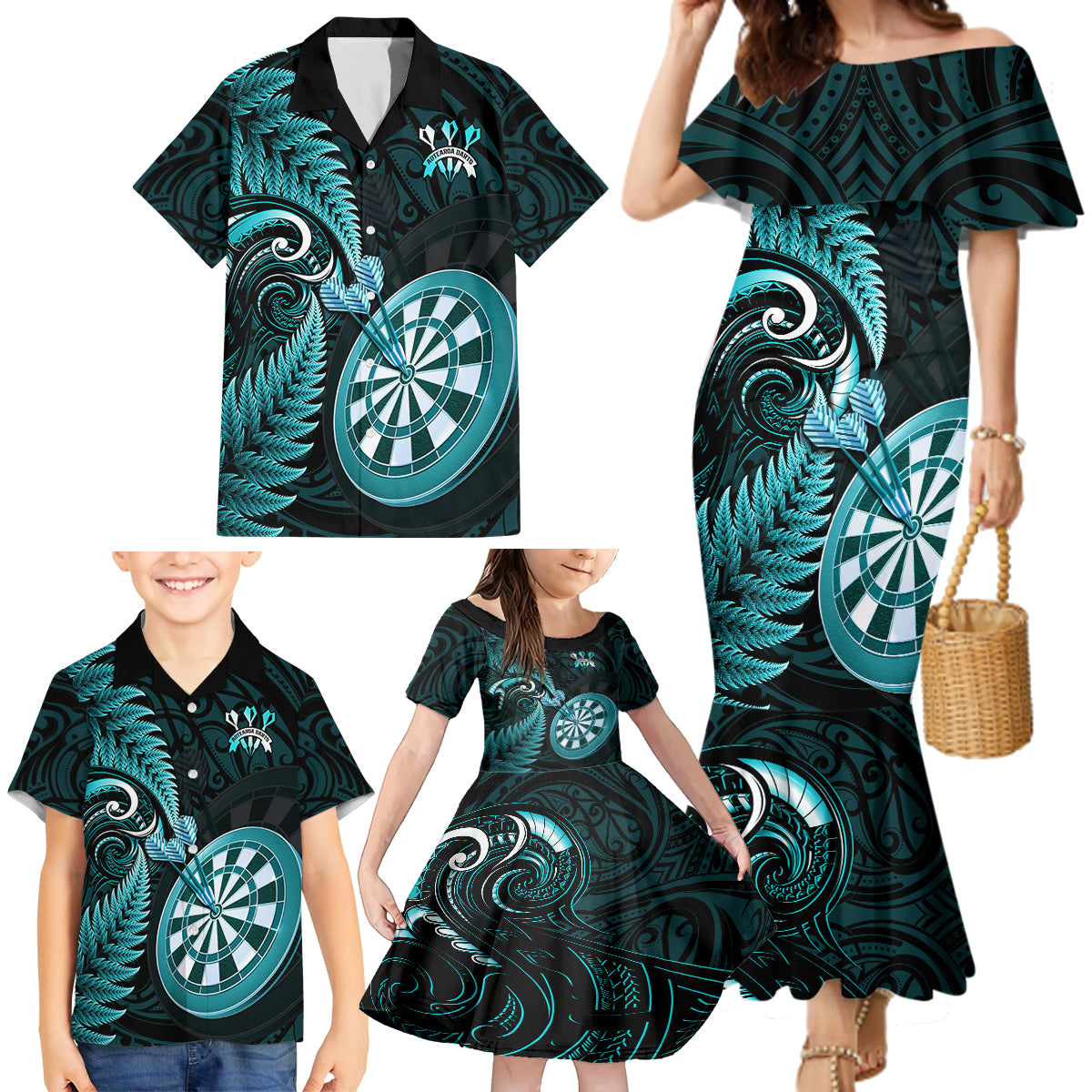 Personalised New Zealand Darts Family Matching Mermaid Dress and Hawaiian Shirt Happiness Is A Tight Threesome Maori Turquoise LT14 - Polynesian Pride