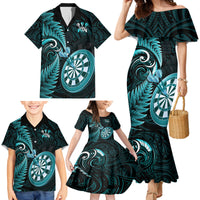 Personalised New Zealand Darts Family Matching Mermaid Dress and Hawaiian Shirt Happiness Is A Tight Threesome Maori Turquoise LT14 - Polynesian Pride