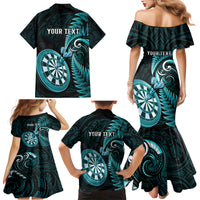 Personalised New Zealand Darts Family Matching Mermaid Dress and Hawaiian Shirt Happiness Is A Tight Threesome Maori Turquoise LT14 - Polynesian Pride