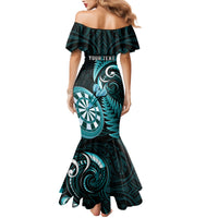 Personalised New Zealand Darts Family Matching Mermaid Dress and Hawaiian Shirt Happiness Is A Tight Threesome Maori Turquoise LT14 - Polynesian Pride