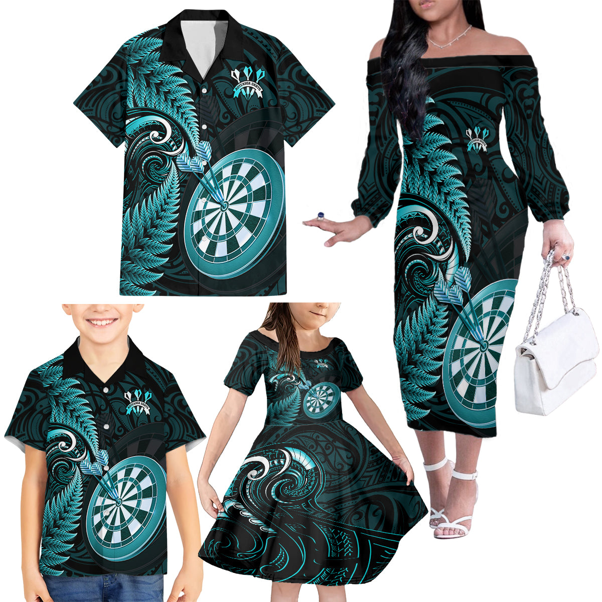 Personalised New Zealand Darts Family Matching Off Shoulder Long Sleeve Dress and Hawaiian Shirt Happiness Is A Tight Threesome Maori Turquoise LT14 - Polynesian Pride