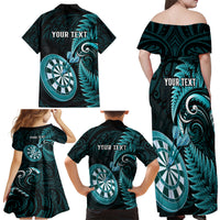 Personalised New Zealand Darts Family Matching Off Shoulder Long Sleeve Dress and Hawaiian Shirt Happiness Is A Tight Threesome Maori Turquoise LT14 - Polynesian Pride