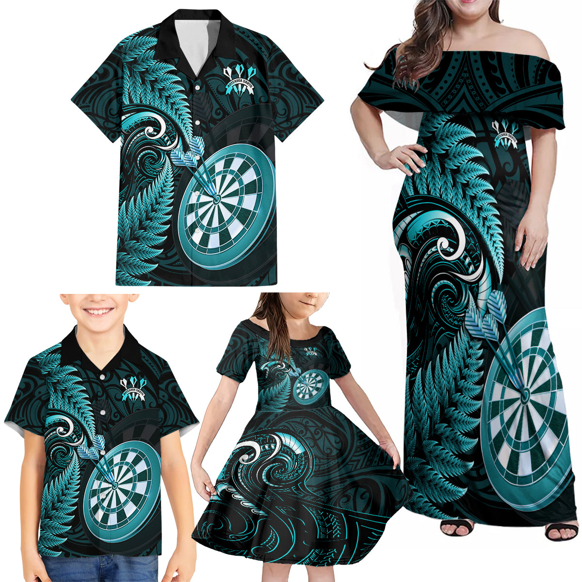 Personalised New Zealand Darts Family Matching Off Shoulder Maxi Dress and Hawaiian Shirt Happiness Is A Tight Threesome Maori Turquoise LT14 - Polynesian Pride