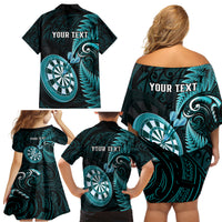Personalised New Zealand Darts Family Matching Off Shoulder Short Dress and Hawaiian Shirt Happiness Is A Tight Threesome Maori Turquoise LT14 - Polynesian Pride