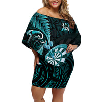 Personalised New Zealand Darts Family Matching Off Shoulder Short Dress and Hawaiian Shirt Happiness Is A Tight Threesome Maori Turquoise LT14 Mom's Dress Turquoise - Polynesian Pride