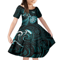 Personalised New Zealand Darts Family Matching Short Sleeve Bodycon Dress and Hawaiian Shirt Happiness Is A Tight Threesome Maori Turquoise LT14 Daughter's Dress Turquoise - Polynesian Pride