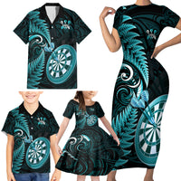 Personalised New Zealand Darts Family Matching Short Sleeve Bodycon Dress and Hawaiian Shirt Happiness Is A Tight Threesome Maori Turquoise LT14 - Polynesian Pride