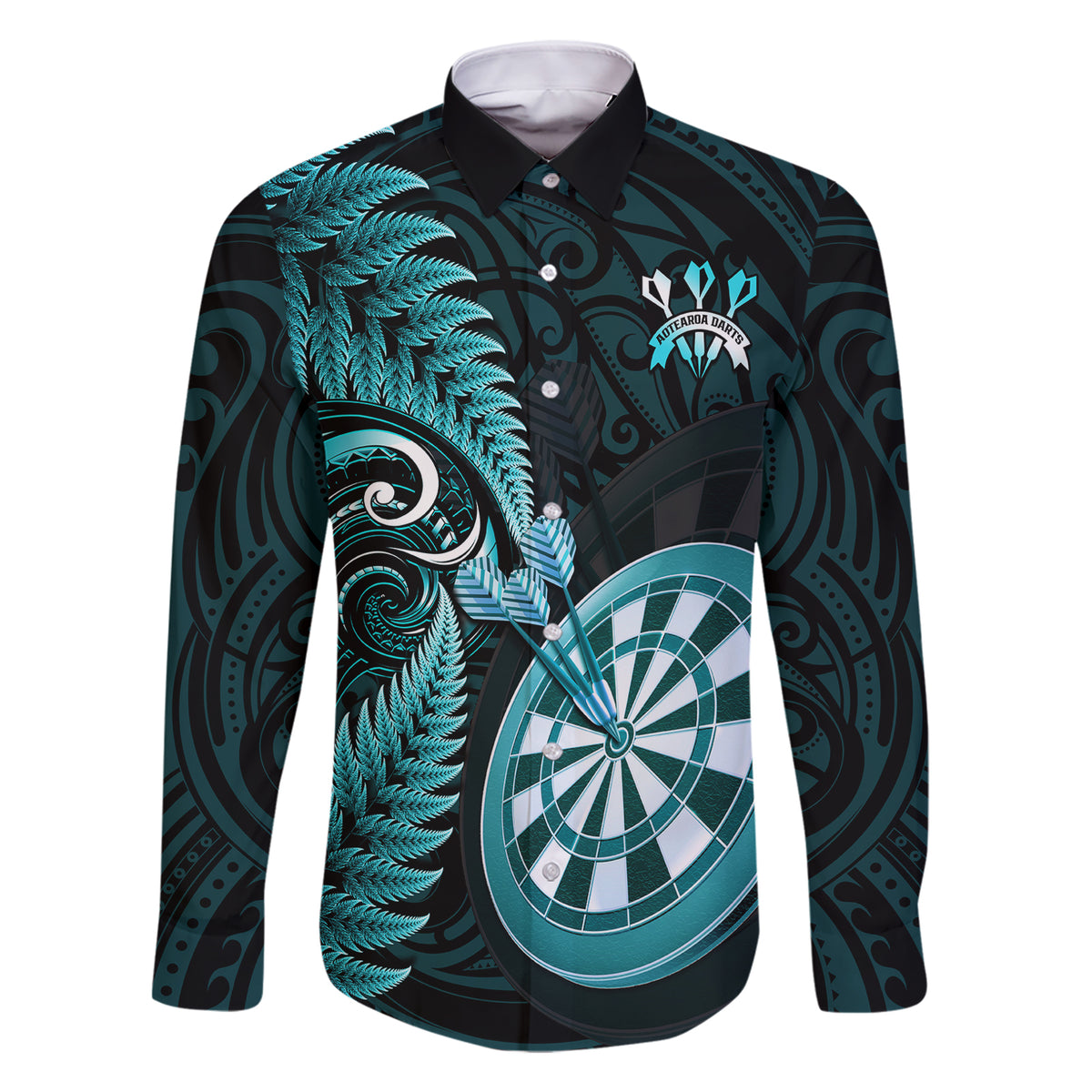 Personalised New Zealand Darts Family Matching Short Sleeve Bodycon Dress and Hawaiian Shirt Happiness Is A Tight Threesome Maori Turquoise LT14 Dad's Shirt - Long Sleeve Turquoise - Polynesian Pride