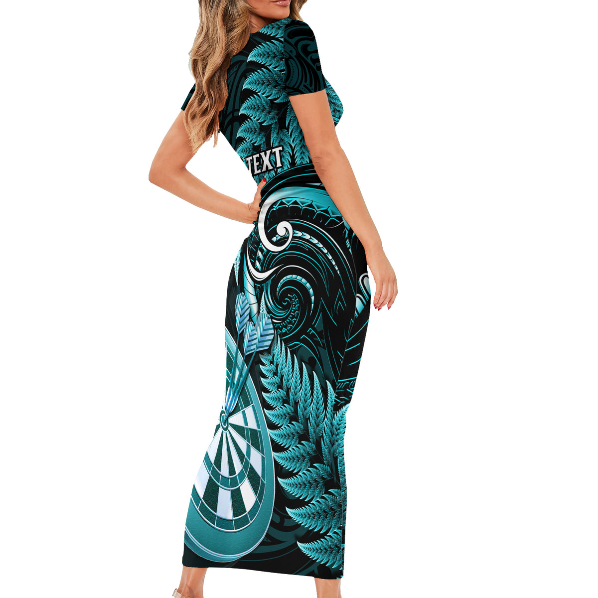 Personalised New Zealand Darts Family Matching Short Sleeve Bodycon Dress and Hawaiian Shirt Happiness Is A Tight Threesome Maori Turquoise LT14 - Polynesian Pride