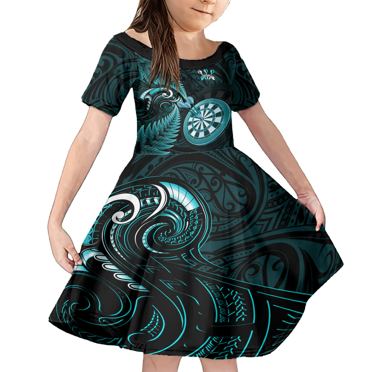 Personalised New Zealand Darts Family Matching Summer Maxi Dress and Hawaiian Shirt Happiness Is A Tight Threesome Maori Turquoise LT14 Daughter's Dress Turquoise - Polynesian Pride