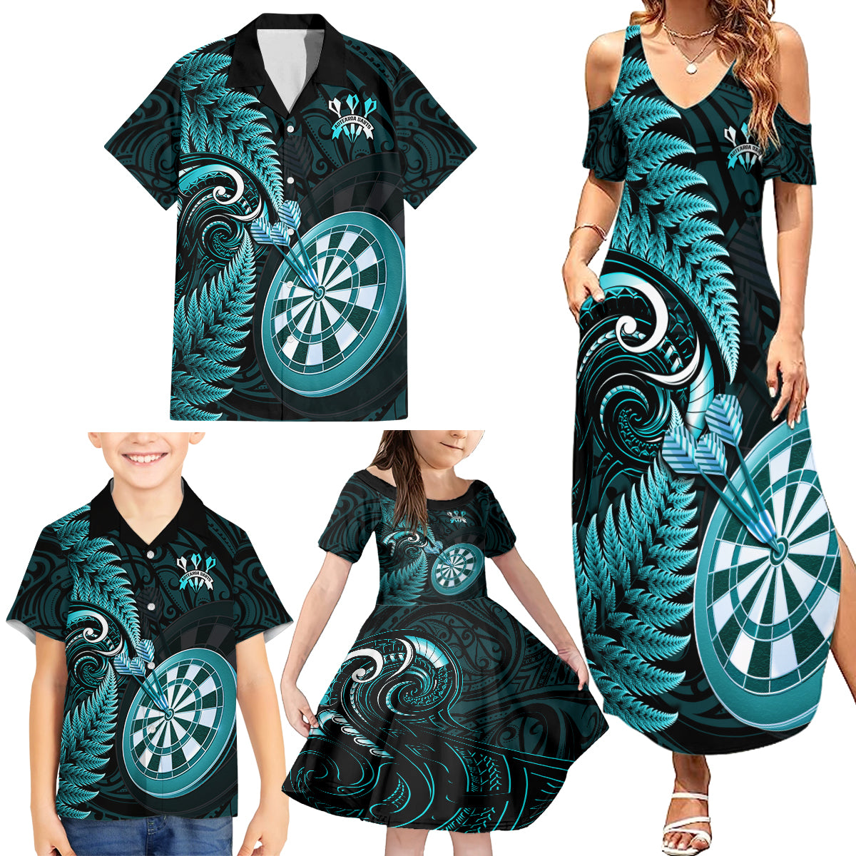 Personalised New Zealand Darts Family Matching Summer Maxi Dress and Hawaiian Shirt Happiness Is A Tight Threesome Maori Turquoise LT14 - Polynesian Pride