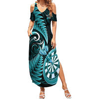 Personalised New Zealand Darts Family Matching Summer Maxi Dress and Hawaiian Shirt Happiness Is A Tight Threesome Maori Turquoise LT14 Mom's Dress Turquoise - Polynesian Pride