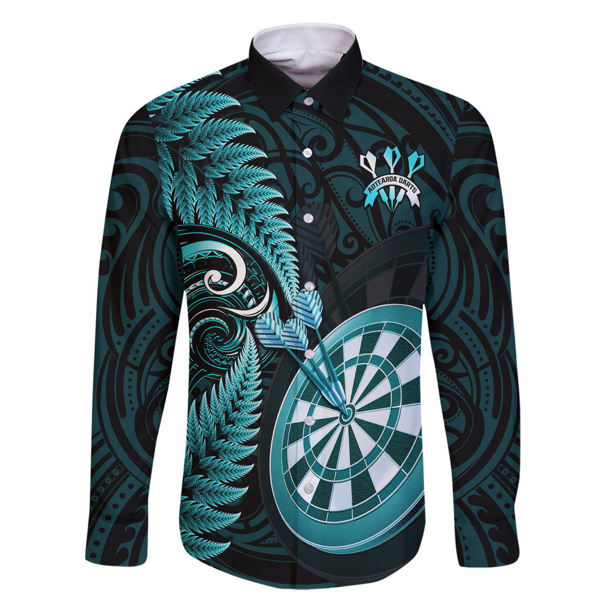 Personalised New Zealand Darts Family Matching Tank Maxi Dress and Hawaiian Shirt Happiness Is A Tight Threesome Maori Turquoise LT14 Dad's Shirt - Long Sleeve Turquoise - Polynesian Pride