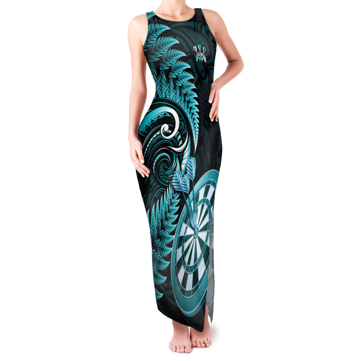 Personalised New Zealand Darts Family Matching Tank Maxi Dress and Hawaiian Shirt Happiness Is A Tight Threesome Maori Turquoise LT14 Mom's Dress Turquoise - Polynesian Pride