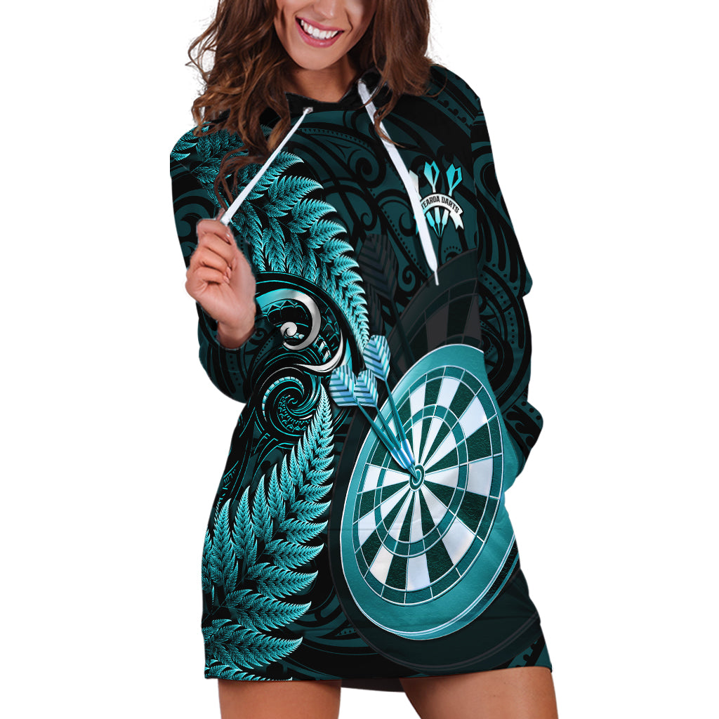 Personalised New Zealand Darts Hoodie Dress Happiness Is A Tight Threesome Maori Turquoise LT14 Turquoise - Polynesian Pride