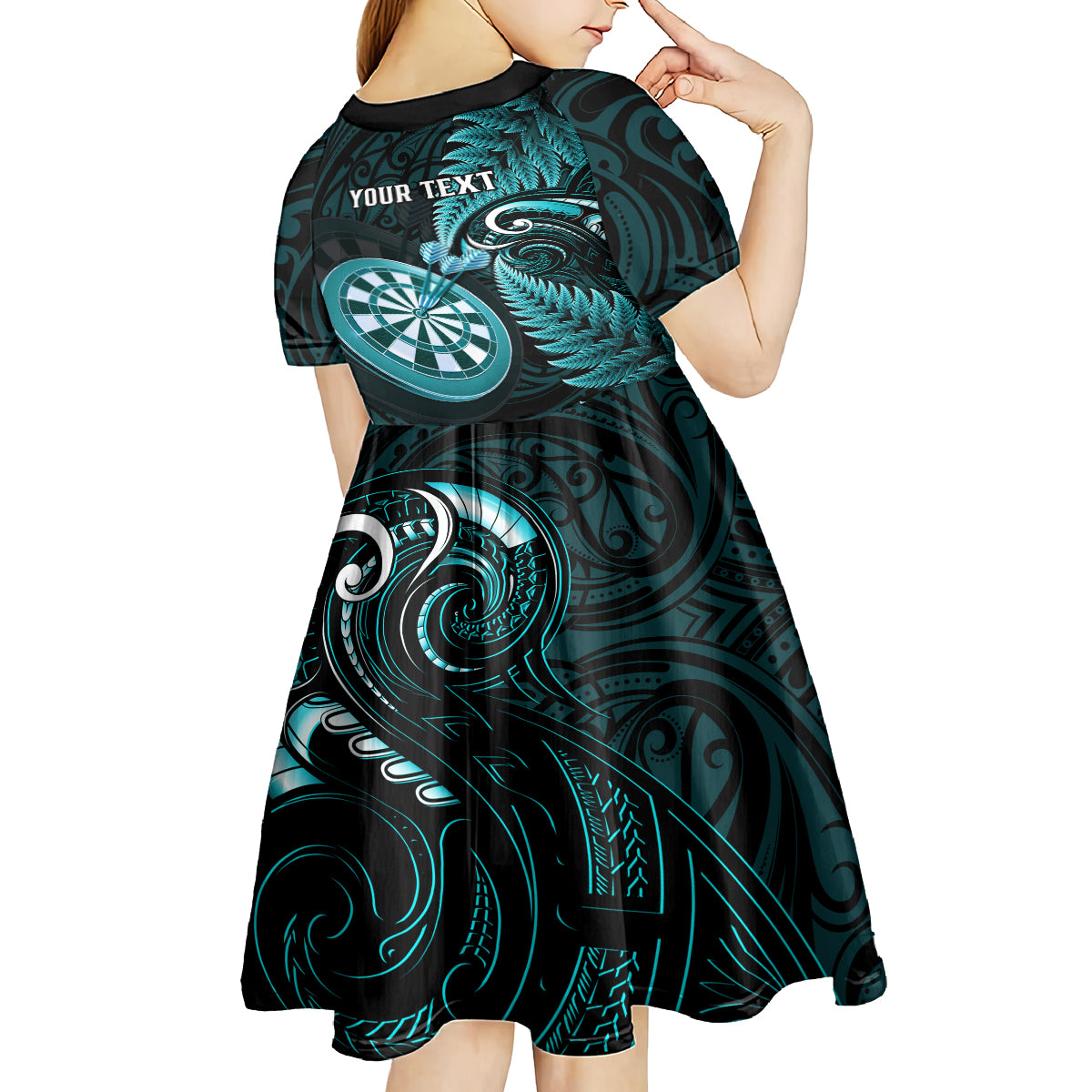 Personalised New Zealand Darts Kid Short Sleeve Dress Happiness Is A Tight Threesome Maori Turquoise LT14 - Polynesian Pride