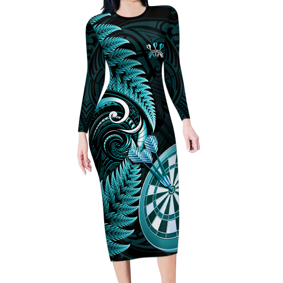 Personalised New Zealand Darts Long Sleeve Bodycon Dress Happiness Is A Tight Threesome Maori Turquoise LT14 Long Dress Turquoise - Polynesian Pride