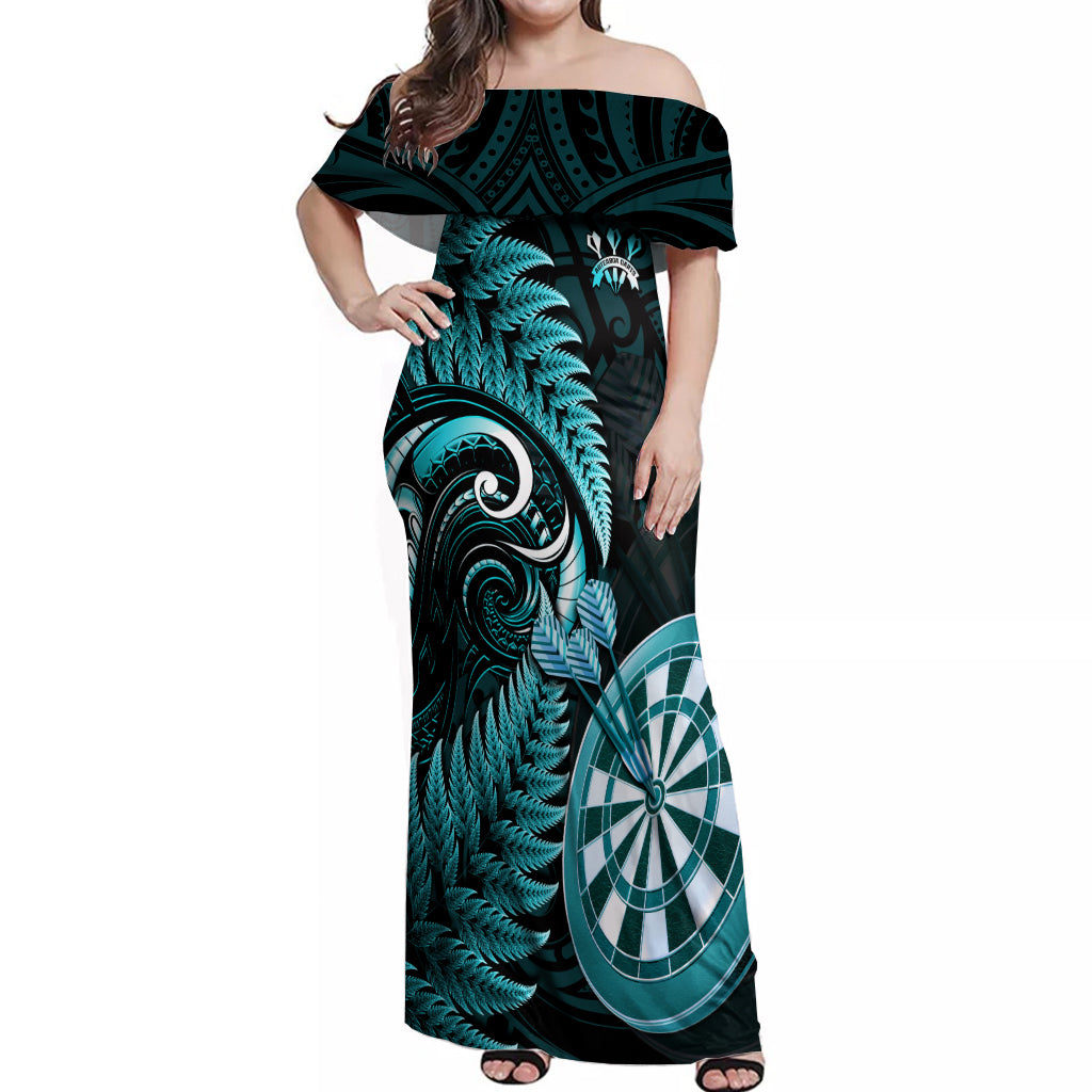 Personalised New Zealand Darts Off Shoulder Maxi Dress Happiness Is A Tight Threesome Maori Turquoise LT14 Women Turquoise - Polynesian Pride