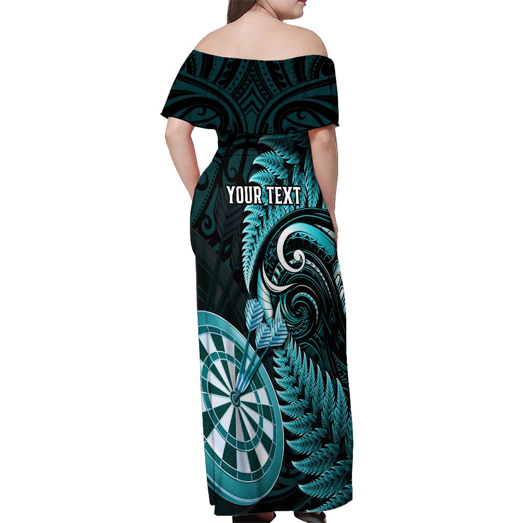 Personalised New Zealand Darts Off Shoulder Maxi Dress Happiness Is A Tight Threesome Maori Turquoise LT14 - Polynesian Pride
