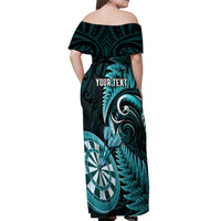 Personalised New Zealand Darts Off Shoulder Maxi Dress Happiness Is A Tight Threesome Maori Turquoise LT14 - Polynesian Pride