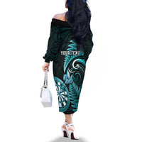 Personalised New Zealand Darts Off The Shoulder Long Sleeve Dress Happiness Is A Tight Threesome Maori Turquoise LT14 - Polynesian Pride