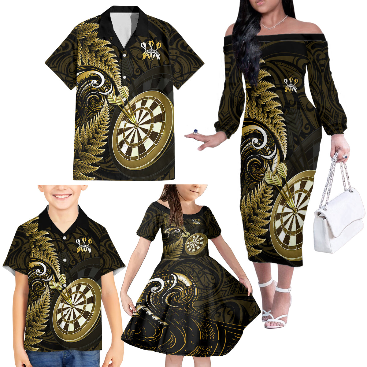 New Zealand Darts Family Matching Off Shoulder Long Sleeve Dress and Hawaiian Shirt Happiness Is A Tight Threesome Maori Gold LT14 - Polynesian Pride