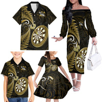 New Zealand Darts Family Matching Off Shoulder Long Sleeve Dress and Hawaiian Shirt Happiness Is A Tight Threesome Maori Gold LT14 - Polynesian Pride