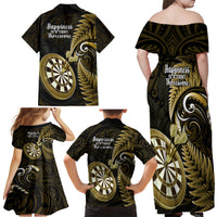 New Zealand Darts Family Matching Off Shoulder Long Sleeve Dress and Hawaiian Shirt Happiness Is A Tight Threesome Maori Gold LT14 - Polynesian Pride