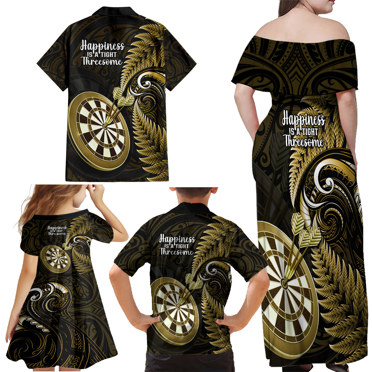 New Zealand Darts Family Matching Off Shoulder Maxi Dress and Hawaiian Shirt Happiness Is A Tight Threesome Maori Gold LT14 - Polynesian Pride