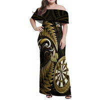 New Zealand Darts Family Matching Off Shoulder Maxi Dress and Hawaiian Shirt Happiness Is A Tight Threesome Maori Gold LT14 Dad's Shirt - Long Sleeve Gold - Polynesian Pride
