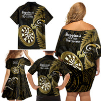 New Zealand Darts Family Matching Off Shoulder Short Dress and Hawaiian Shirt Happiness Is A Tight Threesome Maori Gold LT14 - Polynesian Pride