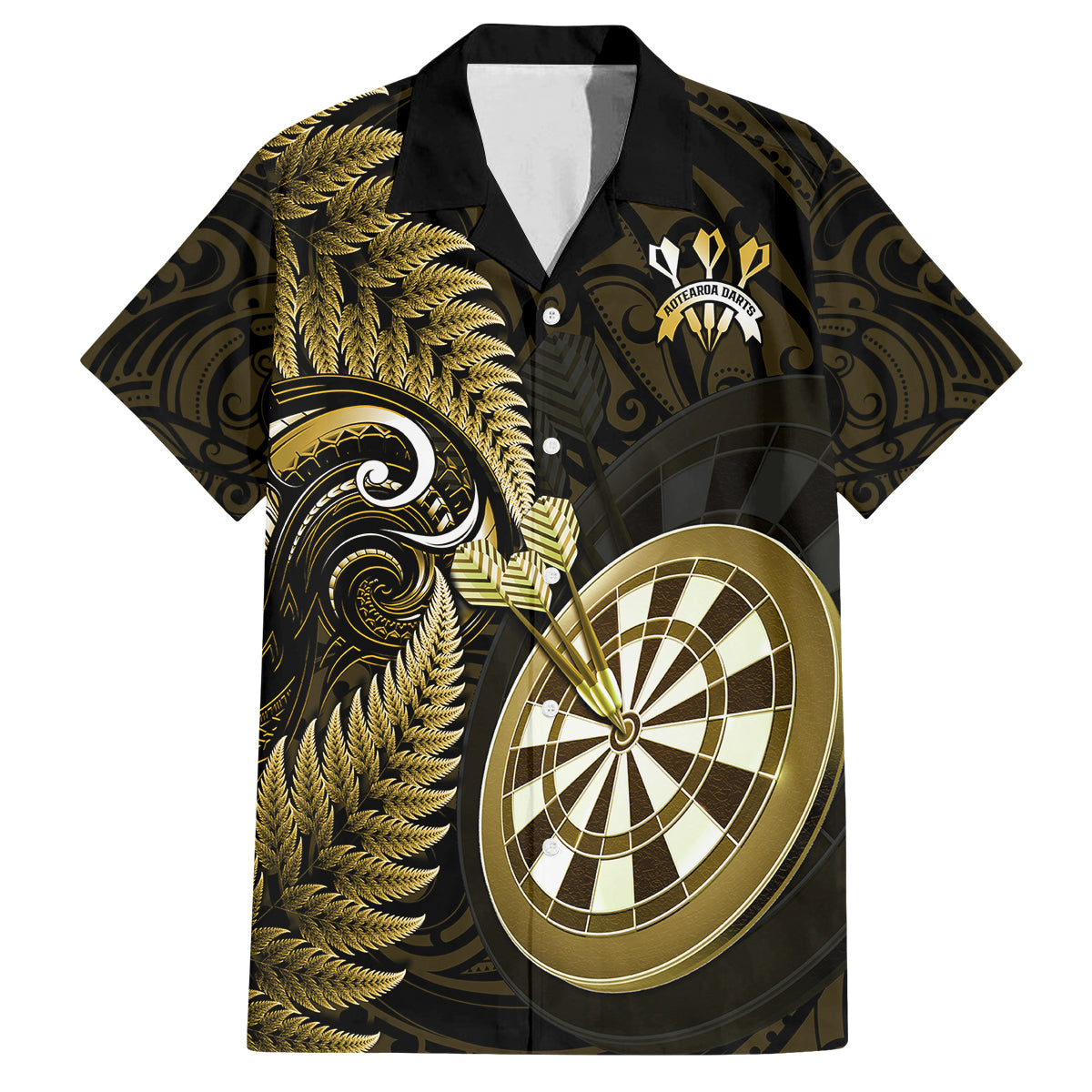 New Zealand Darts Family Matching Off Shoulder Short Dress and Hawaiian Shirt Happiness Is A Tight Threesome Maori Gold LT14 Dad's Shirt - Short Sleeve Gold - Polynesian Pride