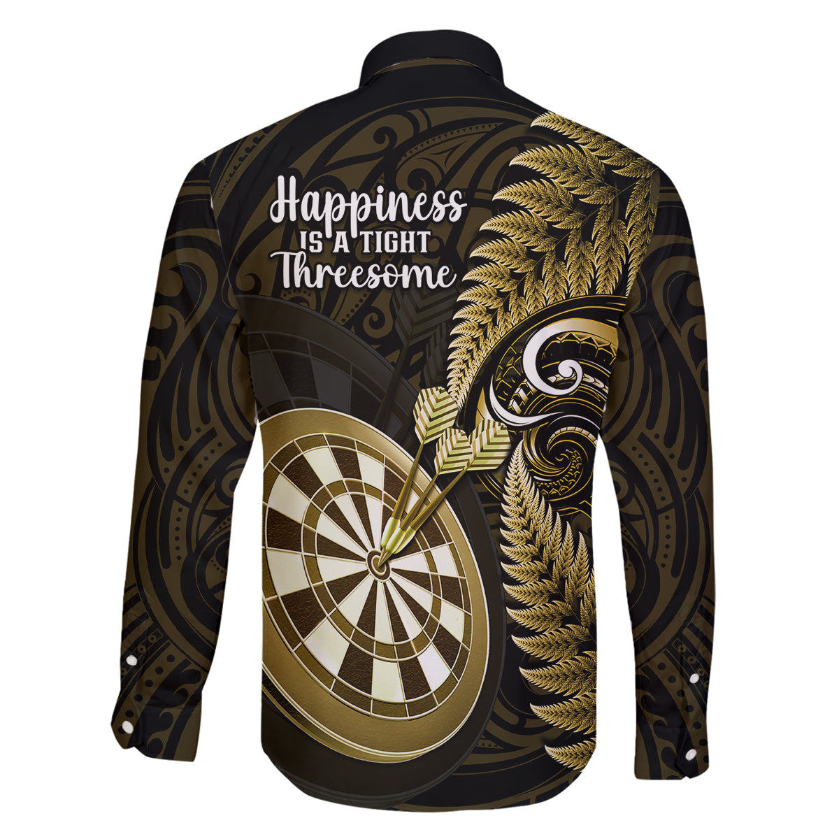 New Zealand Darts Family Matching Off Shoulder Short Dress and Hawaiian Shirt Happiness Is A Tight Threesome Maori Gold LT14 - Polynesian Pride