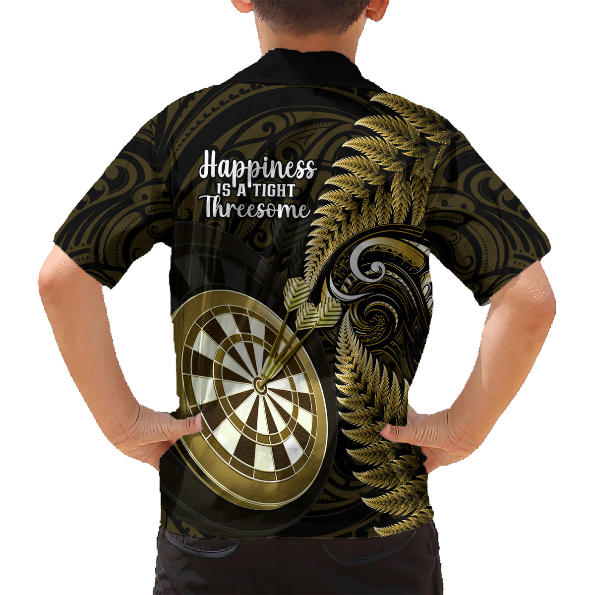 New Zealand Darts Family Matching Short Sleeve Bodycon Dress and Hawaiian Shirt Happiness Is A Tight Threesome Maori Gold LT14 - Polynesian Pride