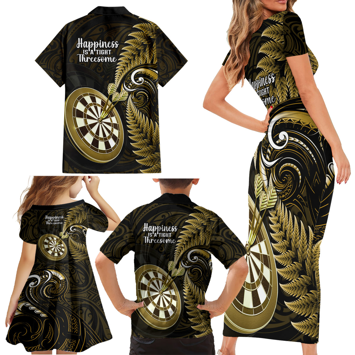 New Zealand Darts Family Matching Short Sleeve Bodycon Dress and Hawaiian Shirt Happiness Is A Tight Threesome Maori Gold LT14 - Polynesian Pride