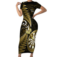 New Zealand Darts Family Matching Short Sleeve Bodycon Dress and Hawaiian Shirt Happiness Is A Tight Threesome Maori Gold LT14 Mom's Dress Gold - Polynesian Pride
