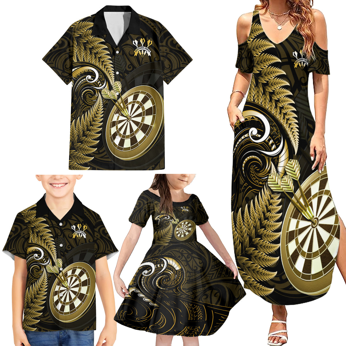 New Zealand Darts Family Matching Summer Maxi Dress and Hawaiian Shirt Happiness Is A Tight Threesome Maori Gold LT14 - Polynesian Pride