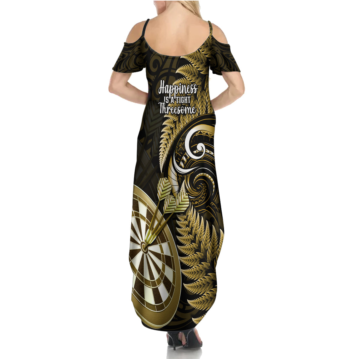 New Zealand Darts Family Matching Summer Maxi Dress and Hawaiian Shirt Happiness Is A Tight Threesome Maori Gold LT14 - Polynesian Pride