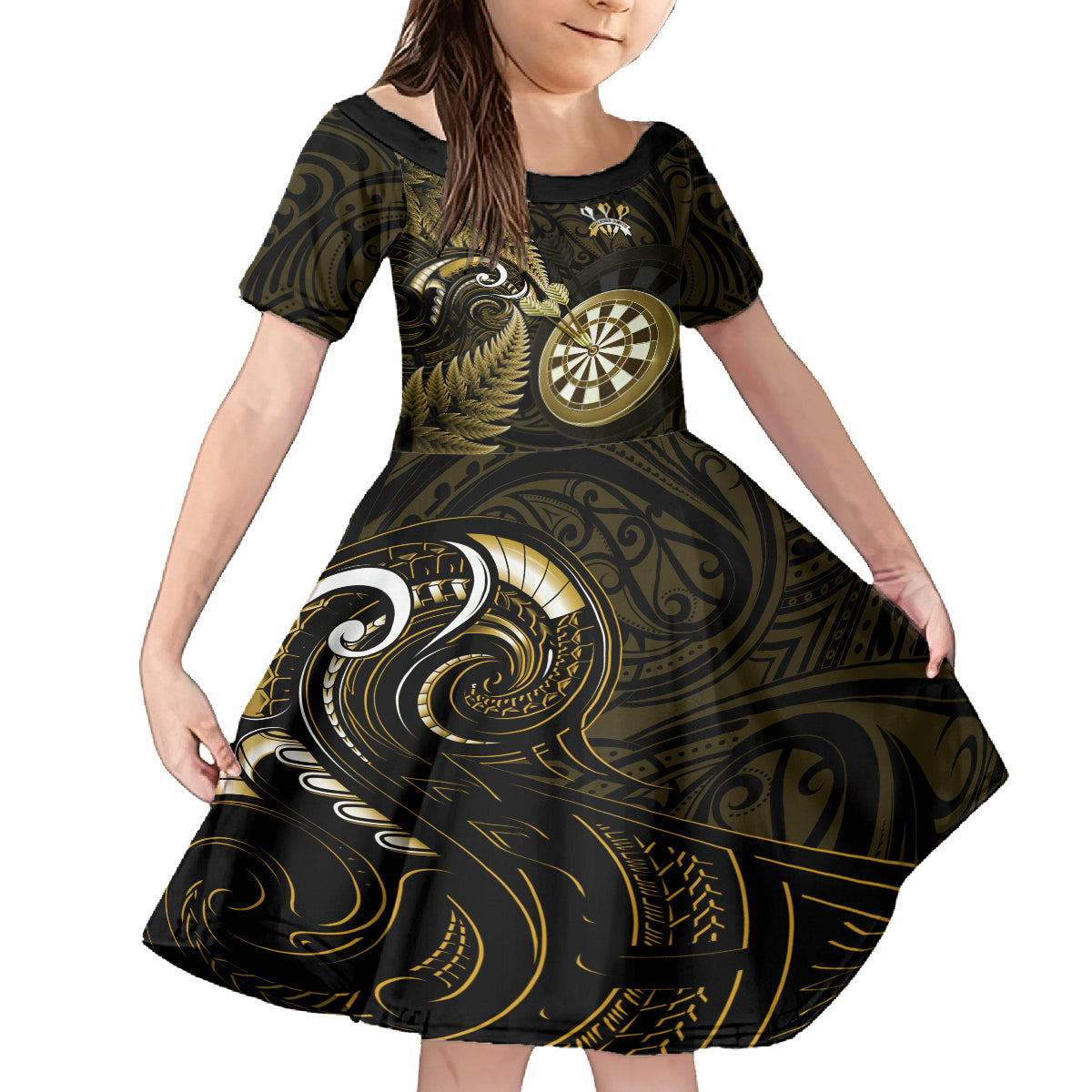 New Zealand Darts Family Matching Tank Maxi Dress and Hawaiian Shirt Happiness Is A Tight Threesome Maori Gold LT14 Daughter's Dress Gold - Polynesian Pride