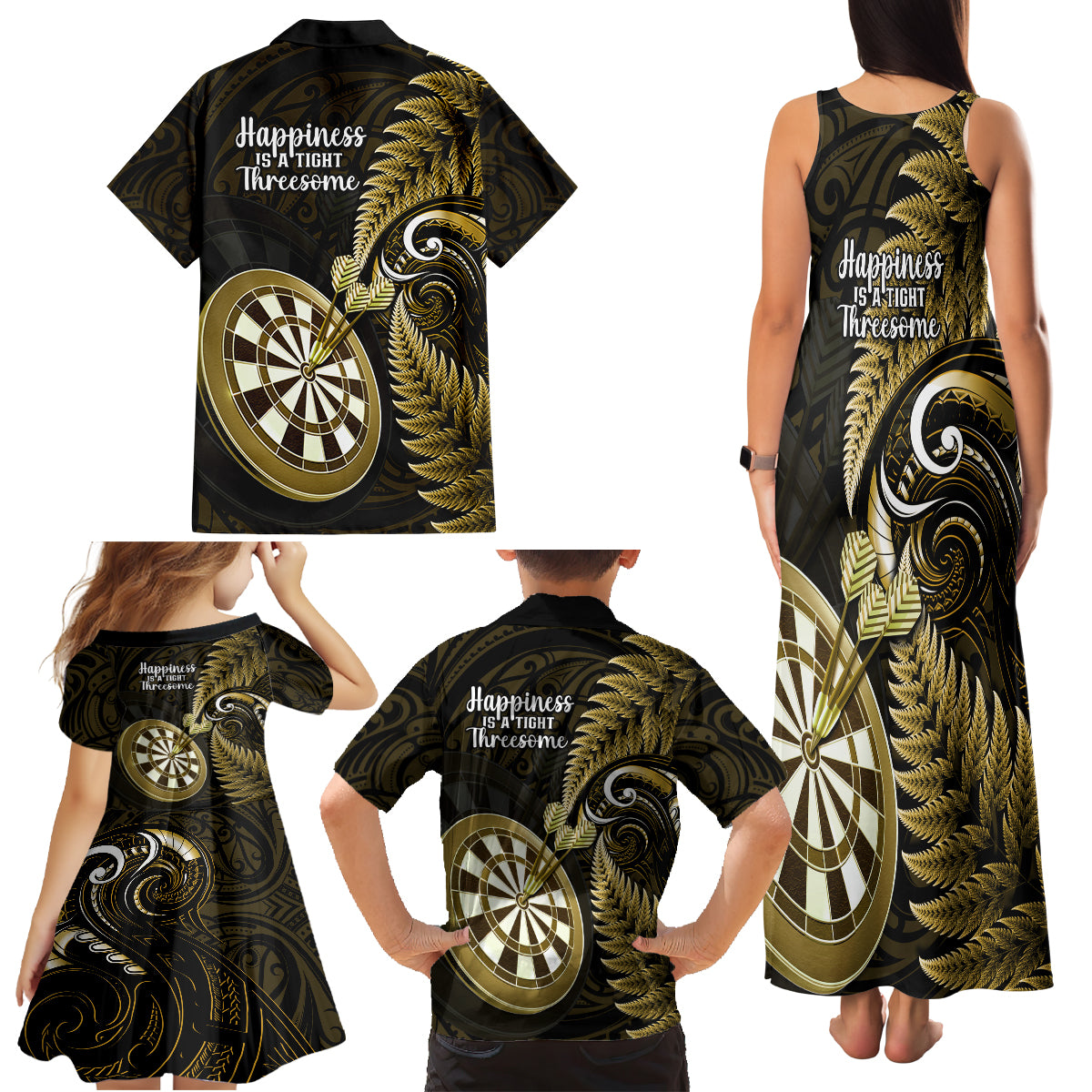 New Zealand Darts Family Matching Tank Maxi Dress and Hawaiian Shirt Happiness Is A Tight Threesome Maori Gold LT14 - Polynesian Pride