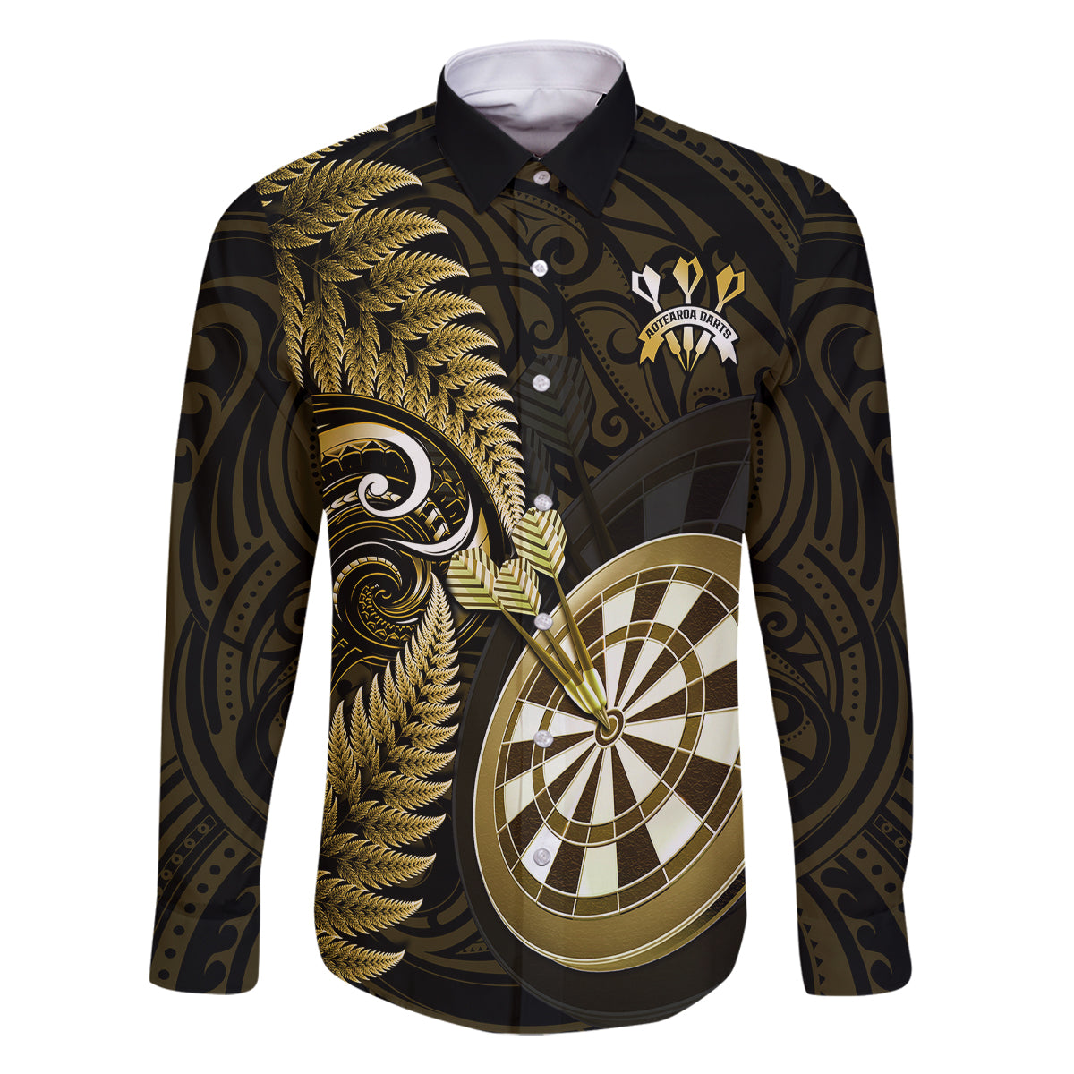 New Zealand Darts Family Matching Tank Maxi Dress and Hawaiian Shirt Happiness Is A Tight Threesome Maori Gold LT14 Dad's Shirt - Long Sleeve Gold - Polynesian Pride