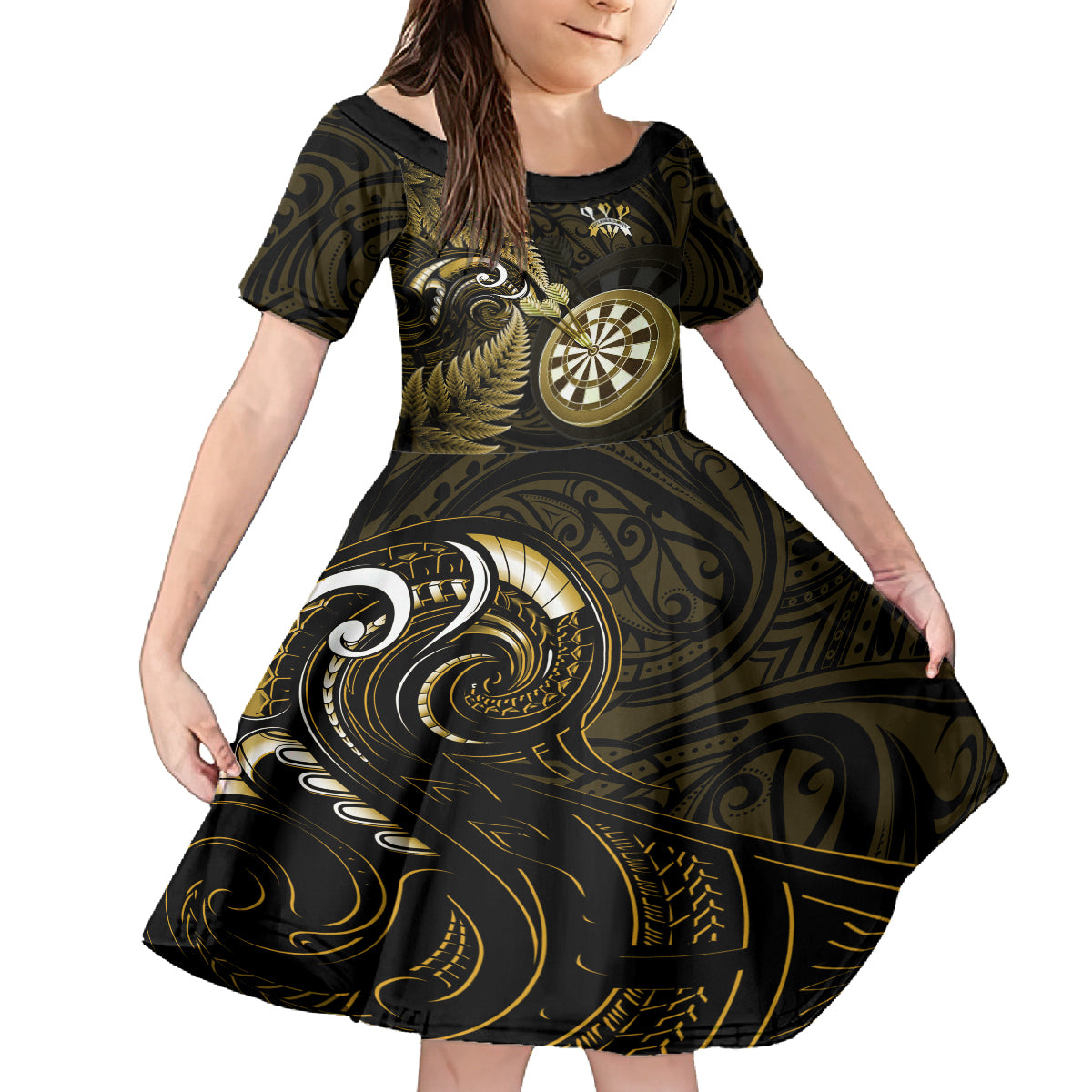 New Zealand Darts Kid Short Sleeve Dress Happiness Is A Tight Threesome Maori Gold LT14 KID Gold - Polynesian Pride