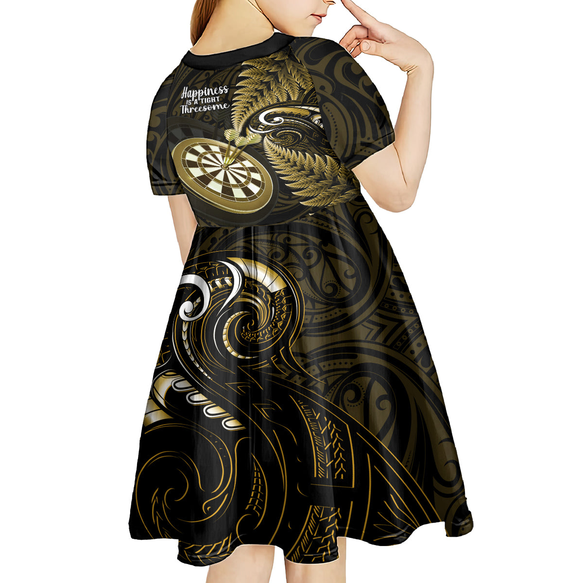 New Zealand Darts Kid Short Sleeve Dress Happiness Is A Tight Threesome Maori Gold LT14 - Polynesian Pride