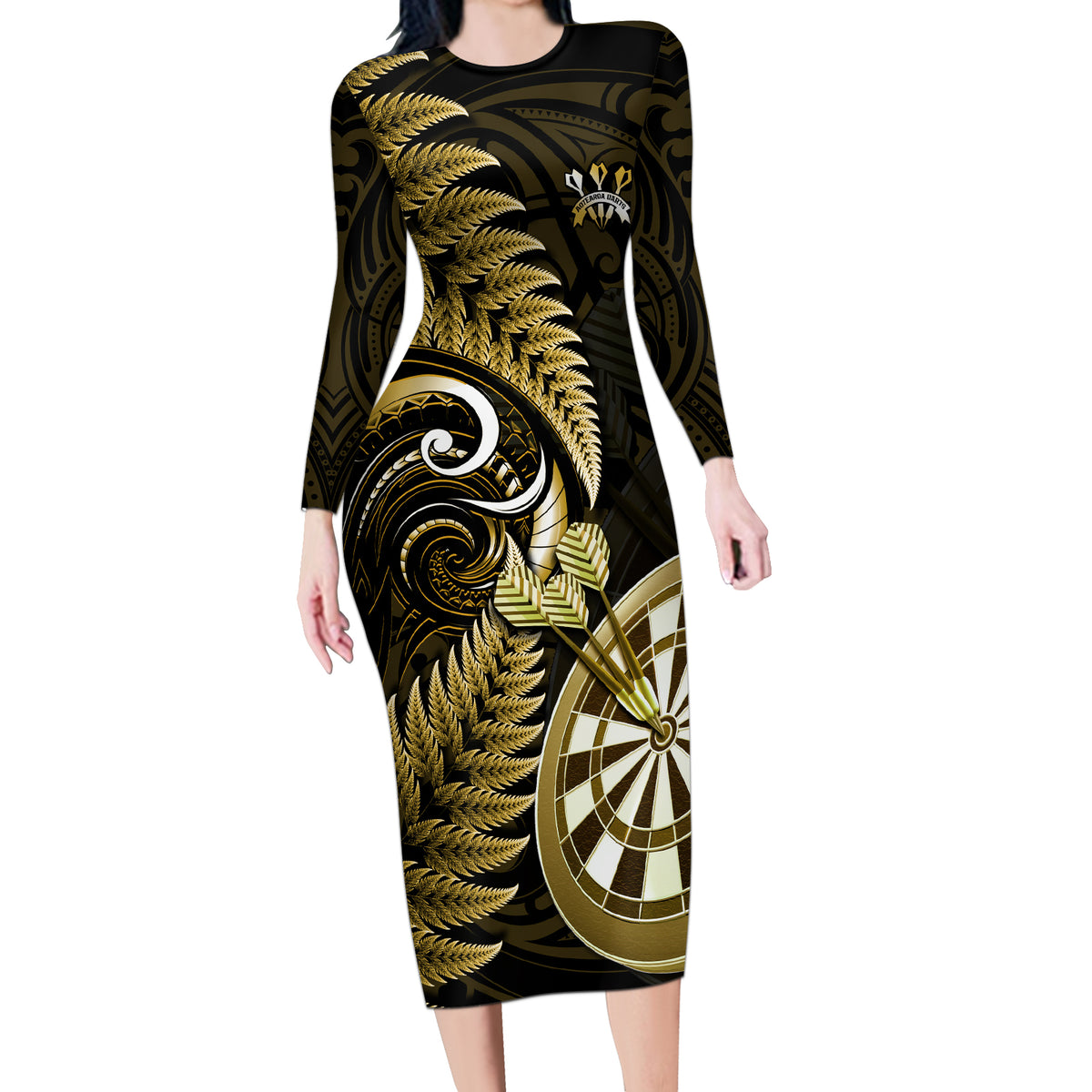 New Zealand Darts Long Sleeve Bodycon Dress Happiness Is A Tight Threesome Maori Gold LT14 Long Dress Gold - Polynesian Pride