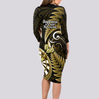 New Zealand Darts Long Sleeve Bodycon Dress Happiness Is A Tight Threesome Maori Gold LT14 - Polynesian Pride