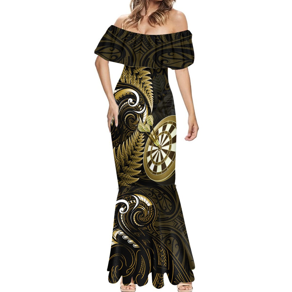New Zealand Darts Mermaid Dress Happiness Is A Tight Threesome Maori Gold LT14 - Polynesian Pride
